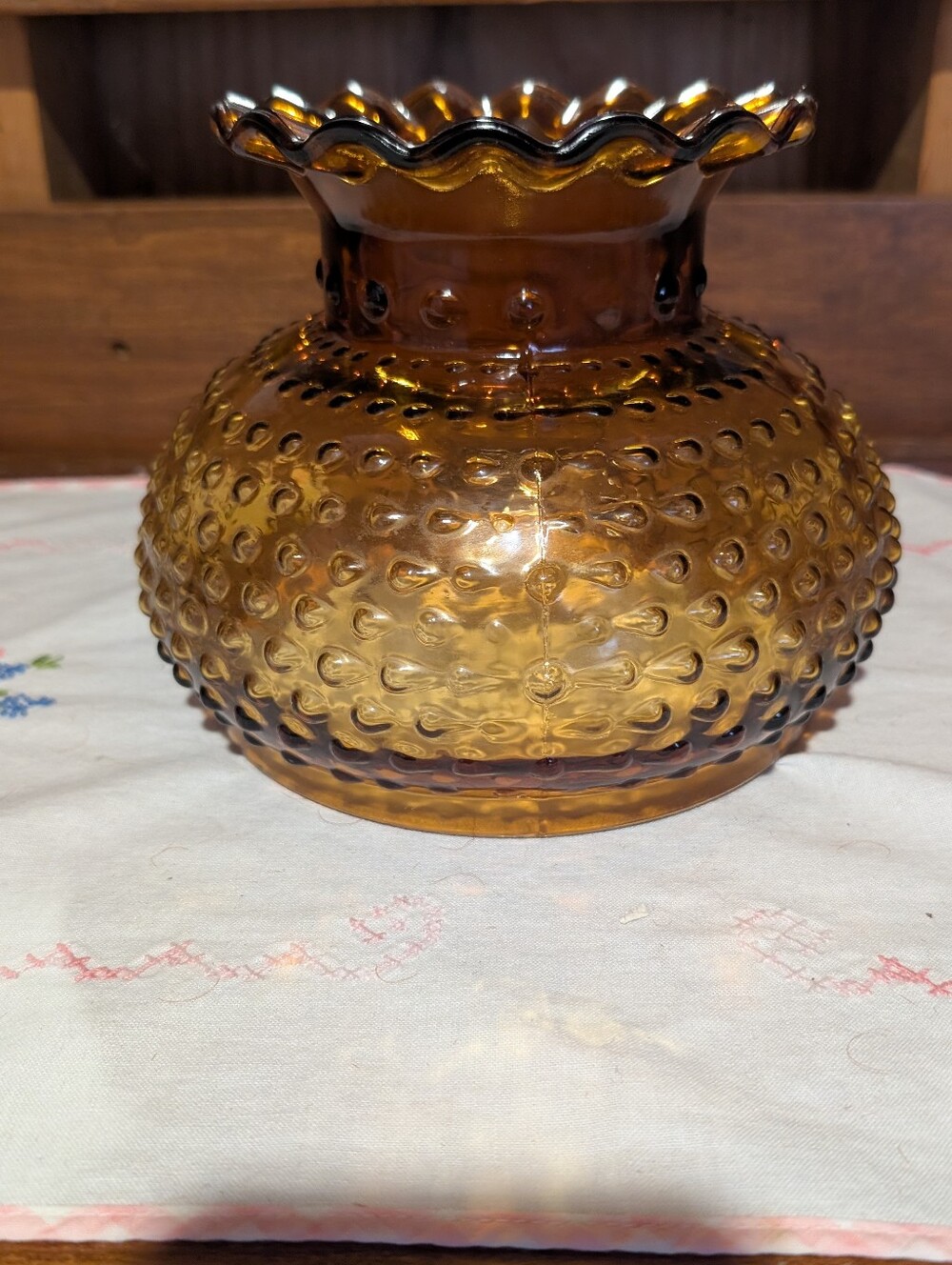 Vintage MCM Amber Hobnail Glass Hurricane Parlor Lamp Ruffle Shade